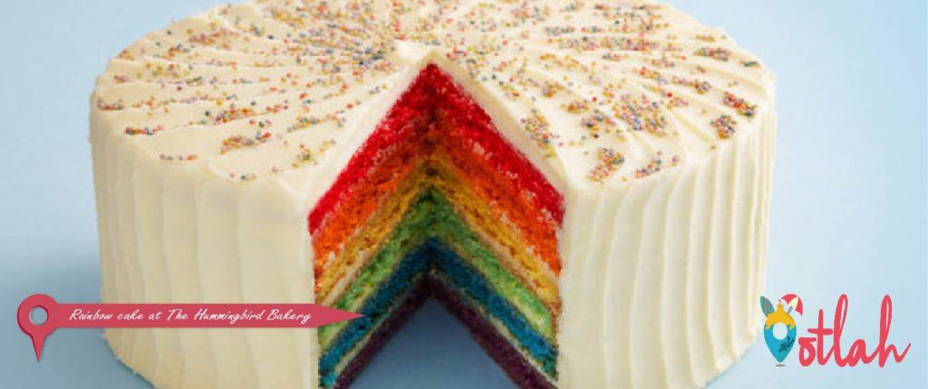 Rainbow cake at The Hummingbird Bakery